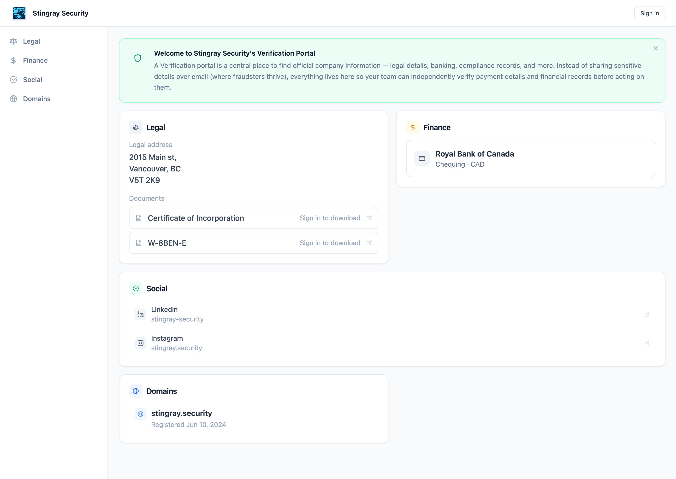 Stingray Verification Portal showing legal address, banking details, social profiles, and verified domain