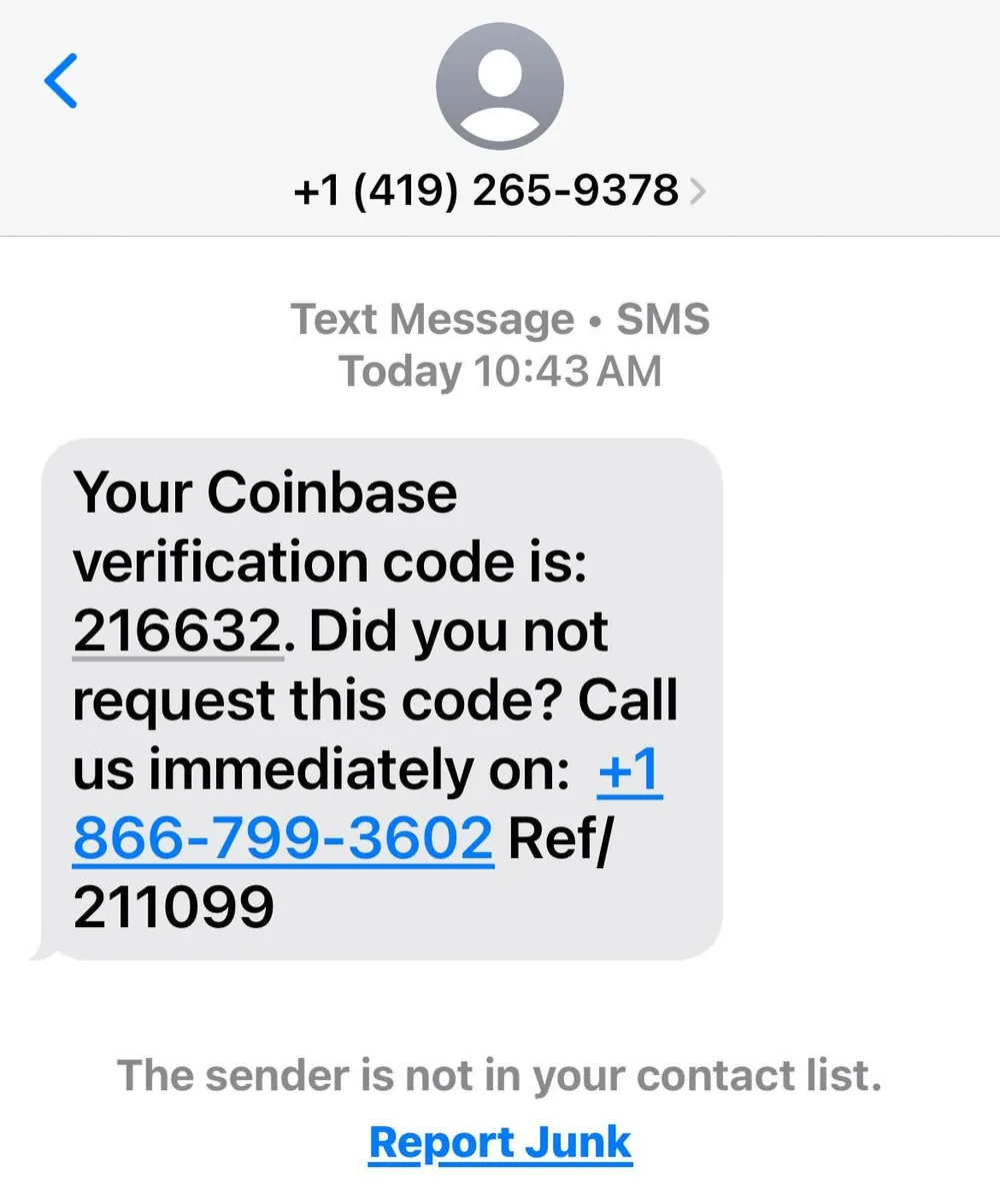 Scam SMS on an iPhone reading "Your Coinbase verification code is: 216632. Did you not request this code? Call us immediately on: +1 866-799-3602 Ref/ 211099", sent from the unknown number +1 (419) 265-9378, with iOS showing "The sender is not in your contact list."